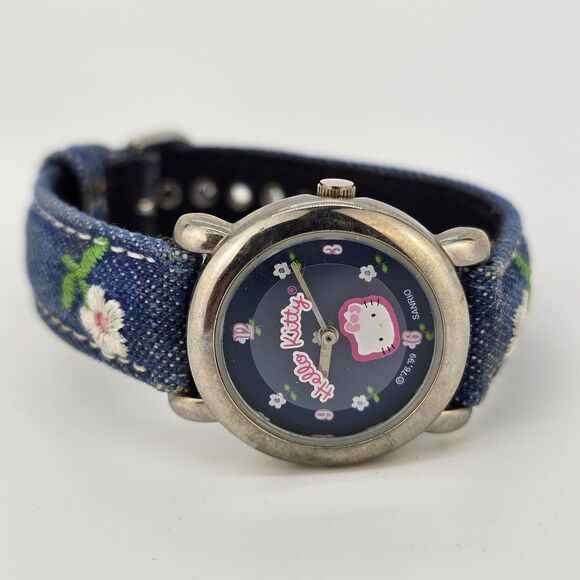 Hello Kitty Girls Watch 26MM Blue Dial Blue Denim Leather Bands New Battery - Picture 1 of 16